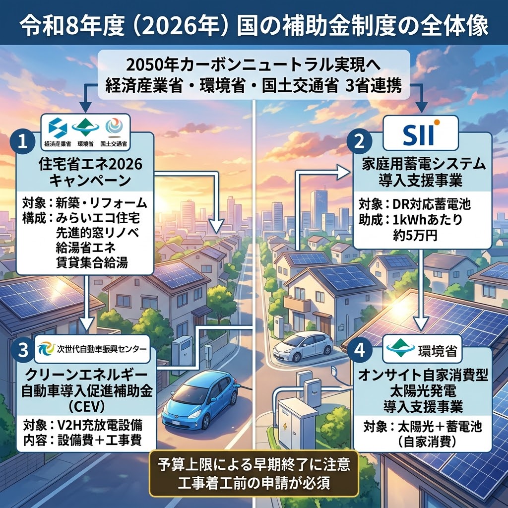 令和8年度(2026年)国の補助金制度(太陽光発電・蓄電池・V2H)の全体像を示すインフォグラフィック画像。2050年カーボンニュートラル実現と3省連携を掲げ、4つの主要補助金プログラム(住宅省エネ2026キャンペーン、家庭用蓄電システム導入支援事業(SII)、CEV V2H補助、オンサイト自家消費型太陽光発電導入支援)を、図解と主要テキストで解説。予算上限による早期終了や工事着工前申請の注意点も明記されている。