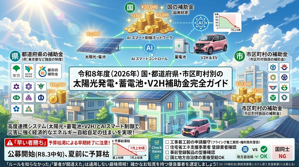 ハイクオリティな日本のアニメ映画風スタイルのインフォグラフィック。タイトルは「令和8年度(2026年)国・都道府県・市区町村別の太陽光発電・蓄電池・V2H補助金完全ガイド」。中央にはタイトルバナーがあり、その下に太陽光パネル、蓄電池(Powerwall)、V2H、軽EV(サクラ風)がAIスマート制御で連携する「高度連携システム」の図解。国の補助金(METI、SII、次世代自動車振興センターなど)、都道府県の補助金(例:東京都の家庭における蓄電池導入促進事業)、市区町村の補助金の各セクションと、具体的な補助額例。下部には重要な警告/注意点として、夏前の予算渇枯リスク(7月上旬終了予測グラフ)と、早い者勝ち、フライング着工NG、登録業者・事前登録製品型番確認、重複受給OK(国vs地方自治体 OK、国同士 NG)などの重要チェック項目を記載。「災害に強く経済的なエネルギー自給自足の住まい」の実現と確かな知見を持つ優良業者の選定を促すメッセージ。鮮やかで希望に満ちたエコ住宅の街並みの背景。
