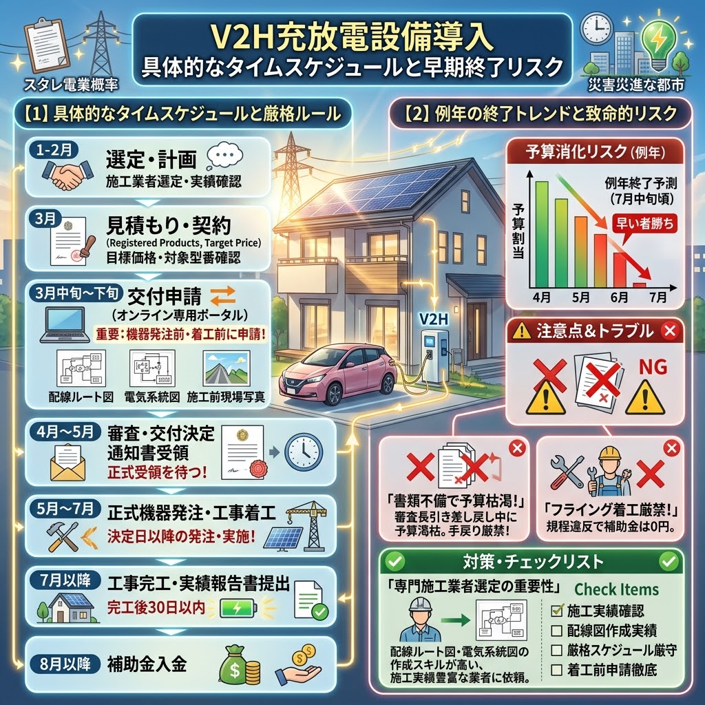 ハイクオリティな日本のアニメ映画風(新海誠スタイル)の正方形インフォグラフィック。「V2H充放電設備導入 具体的なタイムスケジュールと早期終了リスク」と題された。中央には太陽光パネル付きのモダンなエコハウスが描かれ、EV車( Leaf)がV2H充放電設備で接続され、家庭内電源と災害時のバックアップ電源として活用される様子を図解。レジリエンス(回復力・地域防災力)の向上と災害に強い都市(Marugame市など)のイメージ。左側のパネルでは「【1】具体的なタイムスケジュールと厳格ルール」として、1-2月の選定・計画(施工業者選定・実績確認)、3月の見積もり・契約(登録製品、目標価格、型番)、3月中旬〜下旬の交付申請(オンライン専用ポータル、機器発注前・着工前の厳守、 Diagrams requirement: 配線ルート図, 電気系統図, 施工前現場写真)、4月〜5月の審査・交付決定通知書受領(待機)、5月〜7月の正式機器発注・工事着工(決定日以降の発注・実施)、7月以降の工事完工・実績報告書提出(完工後30日以内)、8月以降の補助金入金の具体的な流れをフローチャートで解説。右側のパネルでは「【2】例年の終了トレンドと致命的リスク」として、予算消化リスク(例年)をDROOPINGバールグラフで示し、「早い者勝ち」「例年終了予測 (7月中旬頃)」の警告。日付ラベルは4月〜7月。赤いクロスとNGマークで「注意点&トラブル」を解説。内容:「書類不備で予算枯渇!」(審査長引き差し戻し中の渇枯・手戻り厳禁警告)、「フライング着工厳禁!規程違反で補助金は0円」( premature start forbidden, 0 subsidy warning)。緑のチェックマークで「対策・チェックリスト」を解説。内容:「専門施工業者選定の重要性」(配線ルート図・電気系統図作成スキルの重要性)、チェックアイテムとして「施工実績確認」「配線図作成実績」「厳格スケジュール厳守」「着工前申請徹底」。全体は鮮やかな色彩と光に満ちたモダンなアニメスタイルで統一されている。