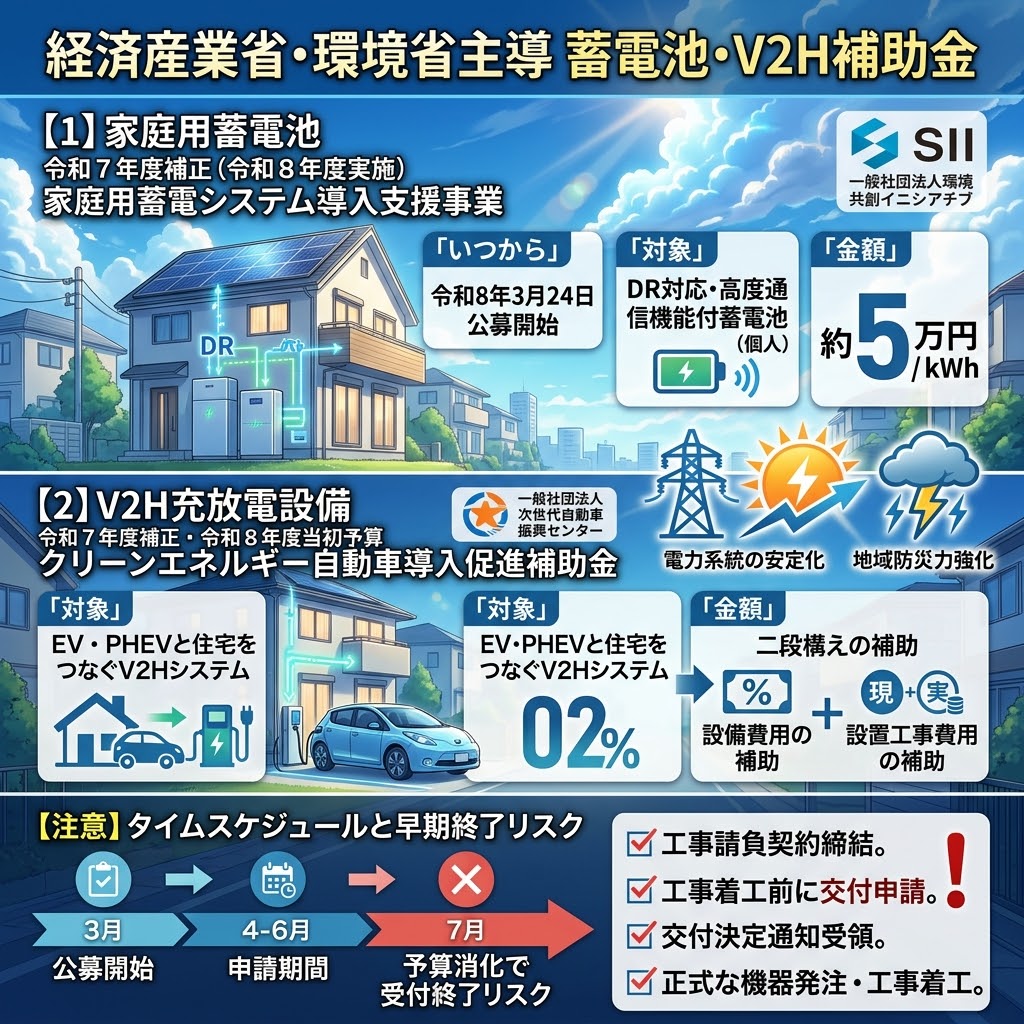 令和8年度(2026年)日本の国の補助金制度(太陽光発電・蓄電池・V2H)の全体像を示すアニメ風インフォグラフィック画像。2050年カーボンニュートラル実現と3省連携を掲げ、4つの主要補助金プログラム(住宅省エネ2026キャンペーン、家庭用蓄電システム導入支援(SII)、CEV補助金、オンサイト自家消費型太陽光)を、各制度の対象、金額、特徴とともに図解。3月の公募開始から7月の予算消化による早期終了リスクまでのタイムスケジュールと、工事請負契約締結から着工前の交付申請、交付決定後の発注・着工という厳格な申請プロセスと注意点を、フローチャートとチェックリストで解説している。