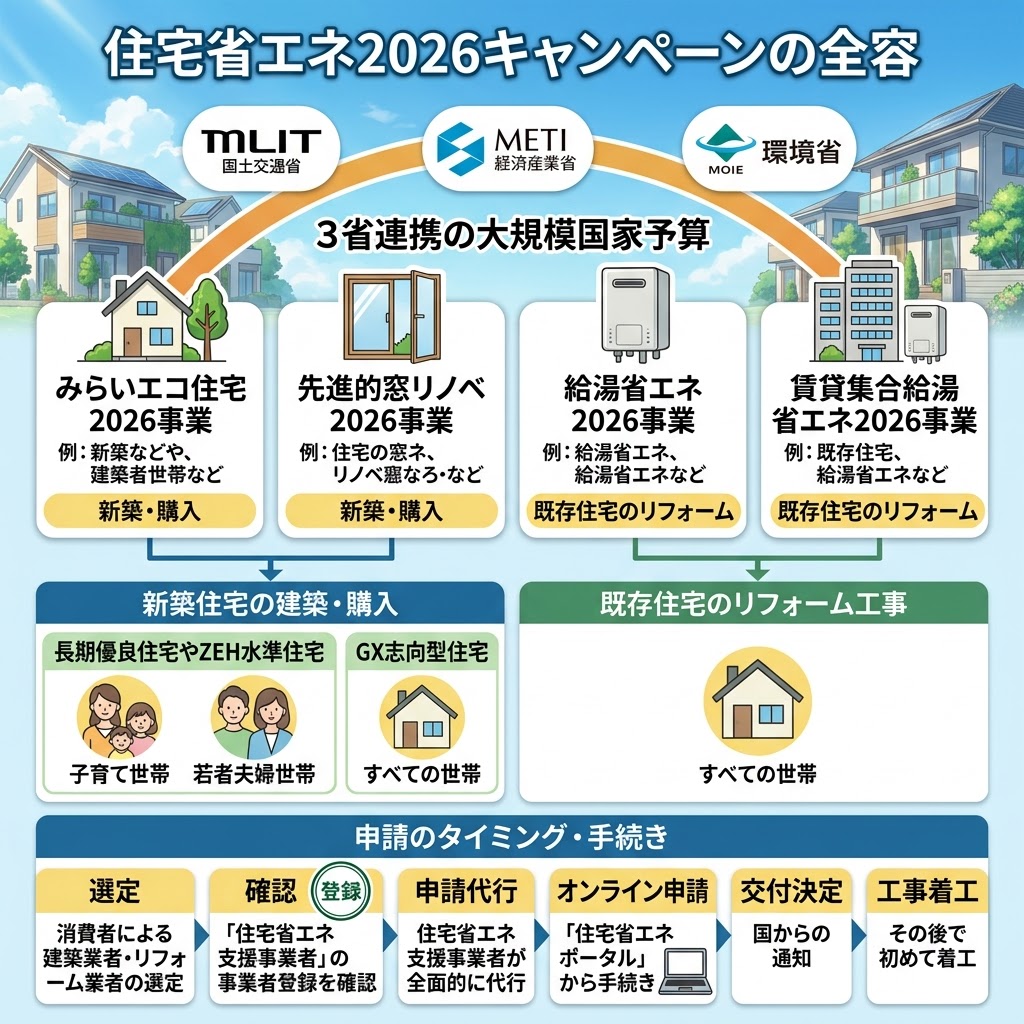 令和8年度(2026年)「住宅省エネ2026キャンペーン」の全容を示すインフォグラフィック。国土交通省、経済産業省、環境省の3省連携による大規模国家予算を掲げ、4つの主要事業(みらいエコ住宅2026、先進的窓リノベ2026、給湯省エネ2026、賃貸集合給湯省エネ2026)の詳細と、新築住宅(子育て世帯、若者夫婦世帯)と既存住宅(すべての世帯)の対象要件、そして業者選定から工事着工までの具体的な申請フローを解説している。予算上限による早期終了への注意喚起も含まれている。