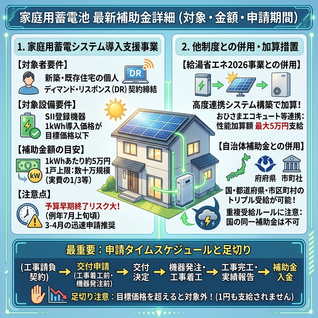 令和8年度(2026年)家庭用蓄電池 最新補助金詳細(対象・金額・申請期間)を示すハイクオリティな日本のアニメ映画風インフォグラフィック。画面上部にはタイトル。中央には太陽光パネルと蓄電池を設置した家屋が描かれ、電力の流れと防災対策(長期停電対策)のメリットを図解。左側のパネルでは「1. 家庭用蓄電システム導入支援事業」として、対象者要件(新築・既存住宅の個人、DR契約)、対象設備要件(SII登録機器、目標価格以下)、補助金額の目安(1kWhあたり約5万円、 cap数十万、実費の1/3等)、注意点(予算早期終了リスク大、例年7月上旬頃)を解説。右側のパネルでは「2. 他制度との併用・加算措置」として、給湯省エネ2026事業との併用(高度連携システムで最大5万円加算)、自治体補助金との併用(国・都道府県・市区町村のトリプル受給可能、国同士は不可)を説明。下部には「最重要:申請タイムスケジュールと足切り」として、工事請負契約から交付申請、交付決定、機器発注・工事着工、実績報告、入金までの具体的な流れをフローチャートで示し、目標価格を超えた場合の「足切り注意(1円も支給されません)」という重要な規程違反警告を強調している。全体は鮮やかな色彩と光に満ちたモダンなアニメスタイルで統一されている。