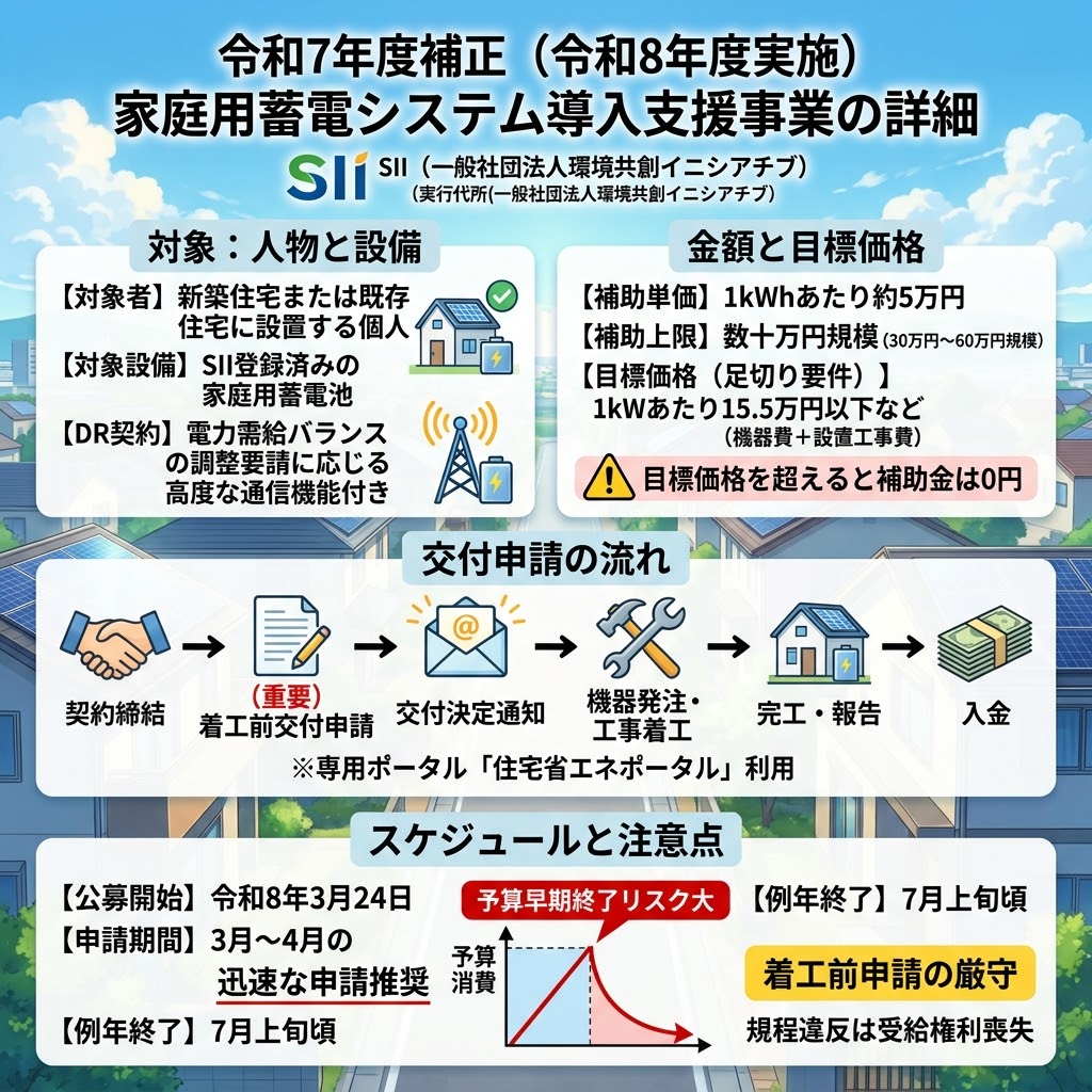 令和8年度(2026年)実施の「家庭用蓄電システム導入支援事業(SII執行)」の詳細を示すインフォグラフィック。対象要件(新築・既存住宅の個人、SII登録機器、DR契約締結)、補助金額(1kWhあたり約5万円、上限数十万円規模)、目標価格要件(1kWあたり15.5万円以下など)、交付申請の具体的な流れ(契約締結から入金まで、特に着工前の交付申請が重要)、公募スケジュール(3月24日開始、4月申請推奨、7月上旬頃終了リスク)、そして予算早期終了リスクと着工前申請の厳守という注意点を網羅的に解説している。
