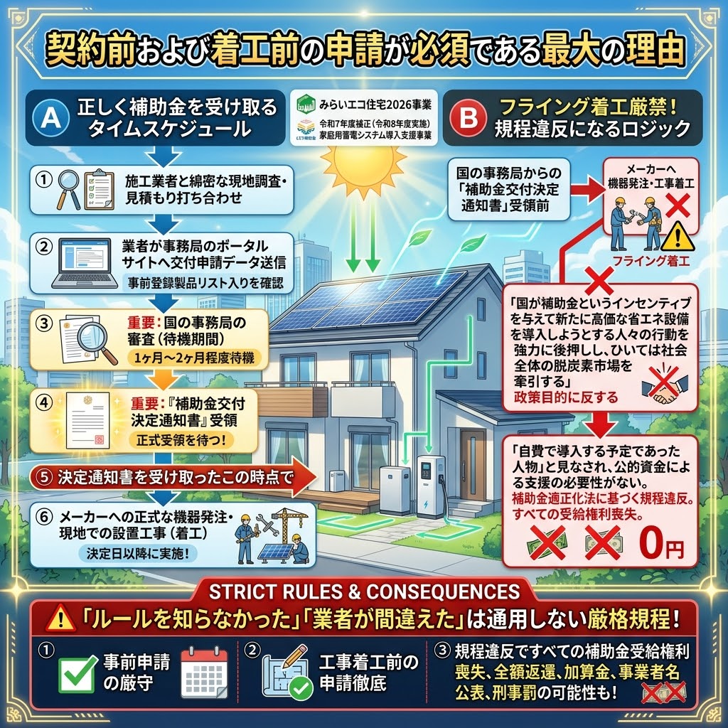 日本の家庭用省エネ設備(太陽光発電、蓄電池、みらいエコ住宅2026事業など)向け補助金申請において、契約前および着工前の申請が必須である最大の理由を解説するインフォグラフィック。左側(A)では、施工業者選定から見積もり、交付申請(ポータルサイト)、国の審査(待機期間1-2ヶ月)、『補助金交付決定通知書』受領、そして受領後に初めて機器発注・工事着工(着工)を行う「正しく補助金を受け取るタイムスケジュール」を6ステップで図解。右側(B)では、交付決定通知書受領前に機器発注・工事着工(フライング着工)を行うと、国の政策目的に反し、自費で導入予定であった人物と見なされ、公的資金による支援の必要性がないと判断され、すべての受給権利を完全に喪失(0円)する「フライング着工厳禁! 規程違反になるロジック」を説明。下部には「STRICT RULES & CONSEQUENCES」として、事前申請の厳守、工事着工前の申請徹底、規程違反による全額返還、加算金、事業者名公表、刑事罰の可能性といった厳格な規程とペナルティを警告している。