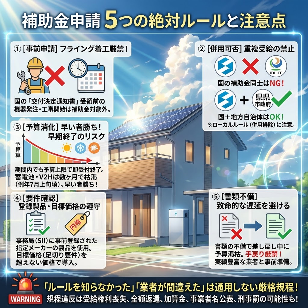 ハイクオリティな日本のアニメ映画風（新海誠スタイル）の正方形インフォグラフィック。「補助金申請 5つの絶対ルールと注意点」と題された。太陽光パネルと蓄電池付きのモダンなエコ住宅を背景に、5つの項目が図解されている。① [事前申請] フライング着工厳禁! (Premature Construction Forbidden!): 国の「交付決定通知書」受領前の機器発注・工事開始は補助金対象外。Icons of a clock, calendar, and construction worker with a red cross. ② [併用可否] 重複受給の禁止 (Forbidden Duplicate Receipt): 国の補助金同士はNG!、国+地方自治体はOK!。Icons of ministry logos (METI, MLIT) with a red cross, and a state and local government logo (prefecture emblem, city hall) with a green checkmark. Note: ローカルルール（併用排除）に注意。 ③ [予算消化] 早い者勝ち! 早期終了のリスク (First Come, First Served! Early Termination Risk): 期間内でも予算上限で即受付終了。蓄電池・V2Hは数ヶ月で枯渇（例年7月上旬頃）。早い者勝ち!。Graph with seasonal icons. ④ [要件確認] 登録製品・目標価格の遵守 (Compliance with Registered Products and Target Prices): 事務局（SII）に事前登録された指定メーカーの製品を使用。目標価格（足切り要件）を超えない価格で導入。Icons of certified products with checkmarks and price tags with a limit. ⑤ [書類不備] 致命的な遅延を避ける (Avoid Fatal Delays from incomplete documents): 書類の不備で差し戻し中に予算渇枯。手戻り厳禁！実績豊富な業者と事前準備。Icons of incomplete documents with red crosses and complete documents with green checkmarks. 下部には大型の警告スタンプと警告灯、そして太字のテキスト。「『ルールを知らなかった』『業者が間違えた』は通用しない厳格規程! (Rules unknown, operators mistaken, not accepted strict regulations!) WARNING 規程違反は受給権利喪失、全額返還、加算金、事業者名公表、刑事罰の可能性も! (Regulation violation means loss of receipt rights, full repayment, additional funds, publication of operator name, possibility of criminal penalties!)」。全体は鮮やかな色彩と光