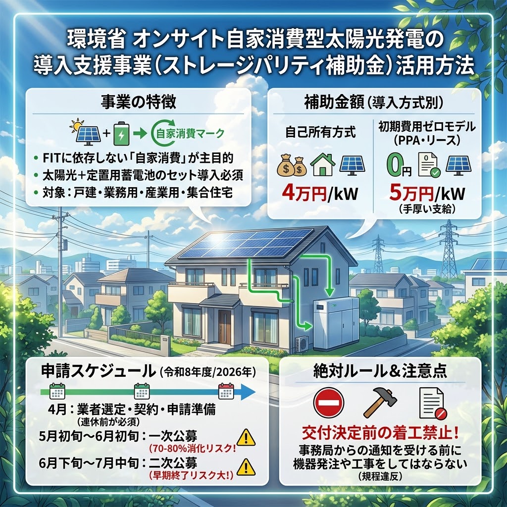 環境省のオンサイト自家消費型太陽光発電導入支援(ストレージパリティ補助金)活用方法を解説する正方形インフォグラフィック。新海誠監督作品のようなハイクオリティな日本のアニメ映画風スタイルで、太陽光パネルと定置用蓄電池を設置した現代的な日本の家屋が中心に描かれている。上部には「環境省 オンサイト自家消費型太陽光発電の導入支援事業(ストレージパリティ補助金)活用方法」のタイトルがあり、下部には4つのパネルに分かれた詳細情報が掲載されている。左上:事業の特徴(FITに依存しない自家消費、太陽光+蓄電池セット導入必須、対象:戸建・業務用・産業用・集合住宅)、右上:補助金額(導入方式別:自己所有方式 4万円/kW、初期費用ゼロモデル 5万円/kW(手厚い支給))、左下:申請スケジュール(令和8年度/2026年:4月業者選定・契約・申請準備(連休前必須)、5月初旬〜6月初旬 一次公募(70-80%消化リスク!)、6月下旬〜7月中旬 二次公募(早期終了リスク大!))、右下:絶対ルール & 注意点(**交付決定前の着工禁止!**(規程違反)事務局からの通知を受ける前に機器発注や工事をしてはならない)。全体が鮮やかな色彩と光に満ちている。