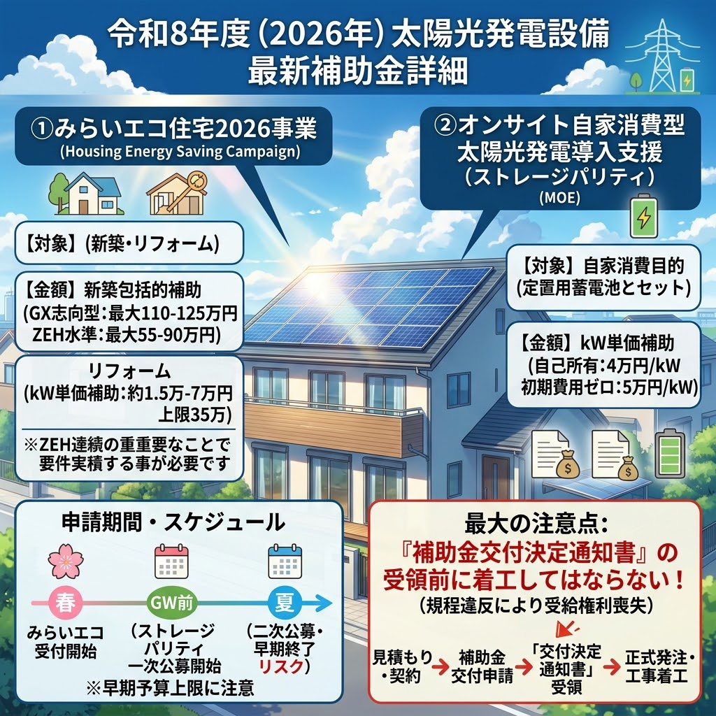 令和8年度(2026年)日本の住宅用太陽光発電設備と蓄電池の最新補助金詳細(みらいエコ住宅2026事業、オンサイト自家消費型導入支援・ストレージパリティ)を、対象(新築・リフォーム、自家消費)、金額(ZEH包括的、kW単価、上限)、連携要件(定置用蓄電池セット)、タイムスケジュール(春の受付開始、ゴールデンウィーク前の公募、夏の早期終了リスク)、早期予算上限注意点とともに図解。さらに、工事請負契約締結から交付申請、交付決定後の発注・着工という厳格な申請プロセスと、受領前着工禁止という致命的な注意点を、フローチャートとチェックリストで解説している。