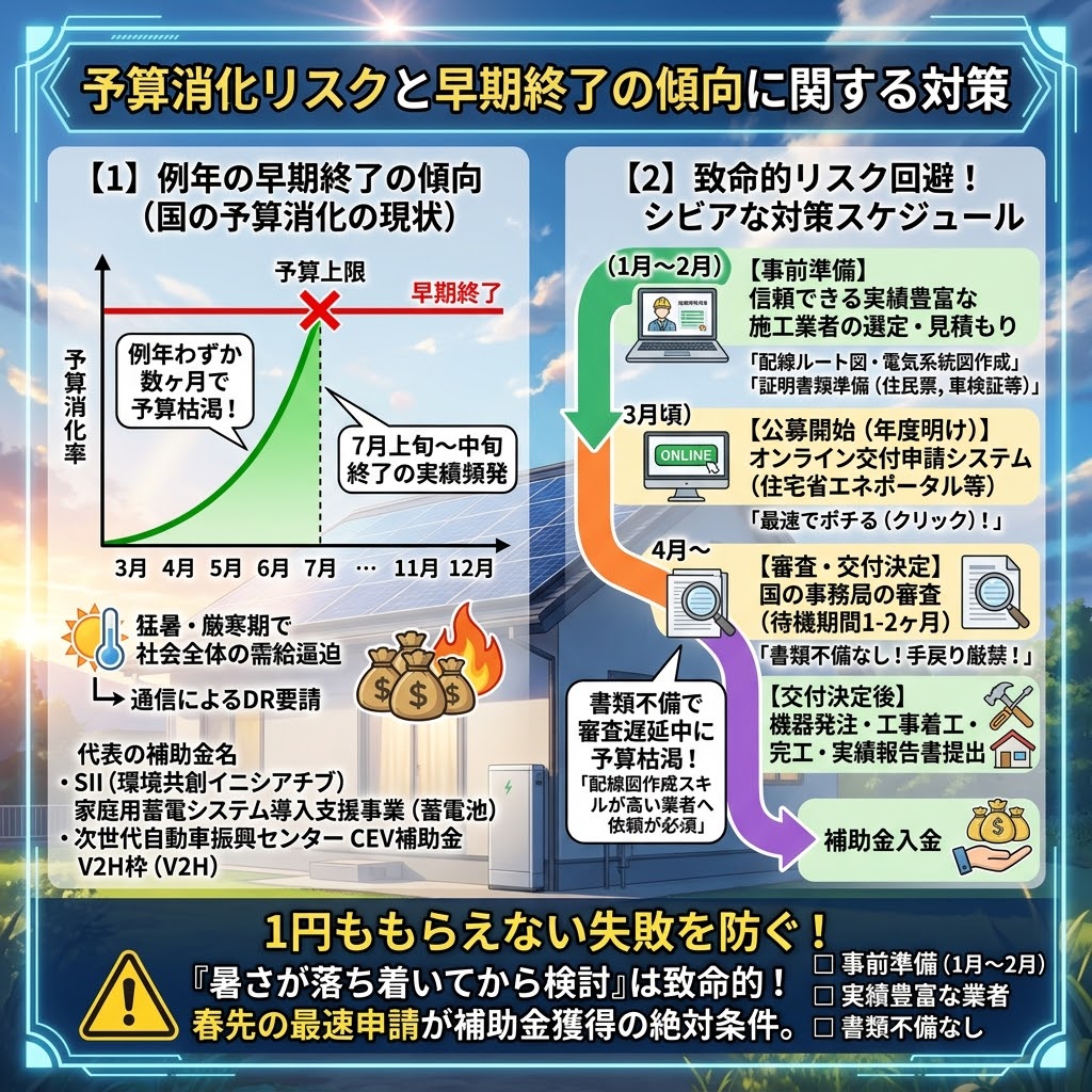 ハイクオリティな日本のアニメ映画風(新海誠スタイル)の正方形インフォグラフィック。「予算消化リスクと早期終了の傾向に関する対策」と題され、国の補助金(太陽光・蓄電池・V2H)を確実に獲得するためのシビアなスケジュールと対策を解説している。左側(1)では、予算消化率が数ヶ月で枯渇し、7月上旬~中旬に早期終了する例年の傾向をDROOPINGバールグラフと燃えるお金のイラストで警告。SII(家庭用蓄電システム)や次世代自動車(V2H)の補助金例が挙げられ、猛暑や厳寒期によるDR要請も触れられている。右側(2)では、「致命的リスク回避!シビアな対策スケジュール」として、1月~2月の事前準備(実績豊富な業者選定、配線図作成、書類準備)、3月頃の最速オンライン申請(住宅省エネポータル等)、4月以降の審査・交付決定(書類不備なしの徹底、待機期間1-2ヶ月)、そして機器発注・工事・実績報告、入金までの流れをフローチャートで解説。「書類不備で審査遅延中に予算枯渇!手戻り厳禁!」という警告も含む。下部には大型の警告アイコンと共に「1円ももらえない失敗を防ぐ! 『暑さが落ち着いてから検討』は致命的! 春先の最速申請が補助金獲得の絶対条件。」という重要な警告メッセージと、事前準備(1月~2月)、実績豊富な業者、書類不備なしのチェックリストが記載されている。全体は鮮やかな色彩と光に満ちたモダンなアニメスタイルで統一されている。