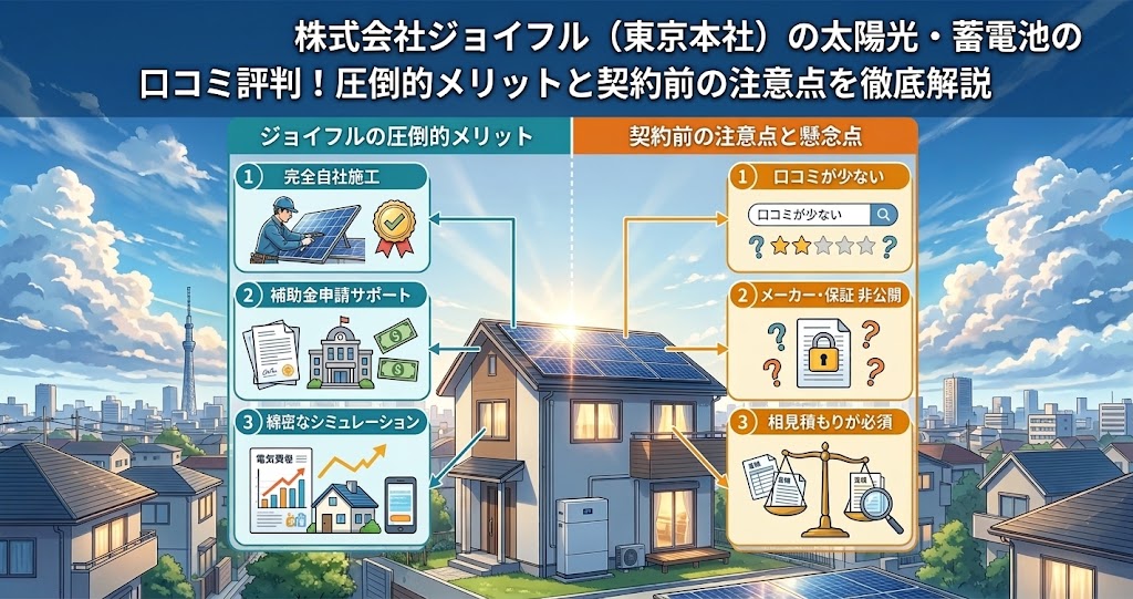 株式会社ジョイフル(東京本社)の太陽光・蓄電池の導入に関する口コミ評判、メリット、注意点を徹底解説するインフォグラフィック画像。太陽光パネルと蓄電池を設置した家を中心に、左パネルで「完全自社施工」などのメリットを、右パネルで「相見積もりが必須」などの注意点を図解している。背景は東京の街並みと青空。