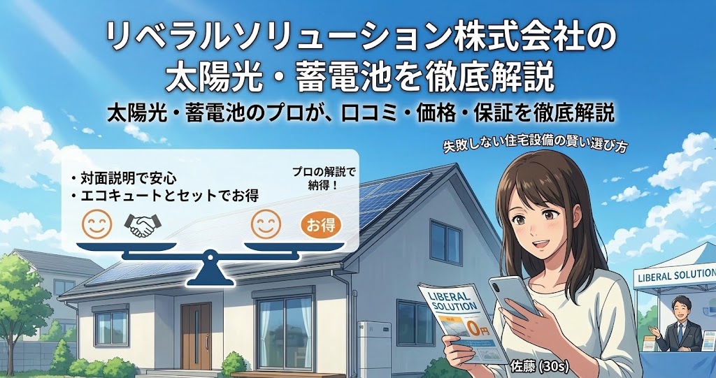 リベラルソリューション株式会社の太陽光発電と蓄電池サービスを、プロが口コミ・価格・保証を交えて徹底解説するインフォグラフィック。対面説明やエコキュートセットのお得なメリットを紹介。