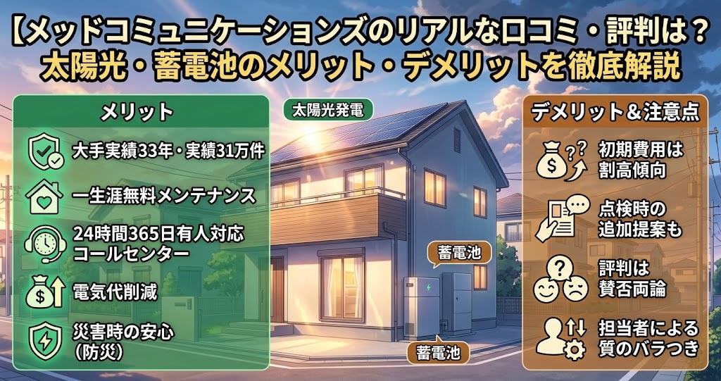 【メッドコミュニケーションズのリアルな口コミ・評判は？太陽光・蓄電池のメリット・デメリットを徹底解説】というメインタイトル付きのアニメ風アイキャッチ画像。夕暮れの住宅に太陽光パネルと蓄電池が設置されている。緑枠にメリット（大手実績33年、一生涯無料メンテナンス、24時間365日有人対応コールセンター、電気代削減、災害時の安心（防災））、オレンジ枠にデメリット＆注意点（初期費用は割高傾向、点検時の追加提案も、評判は賛否両論、担当者による質のバラつき）が箇条書きで示されている。