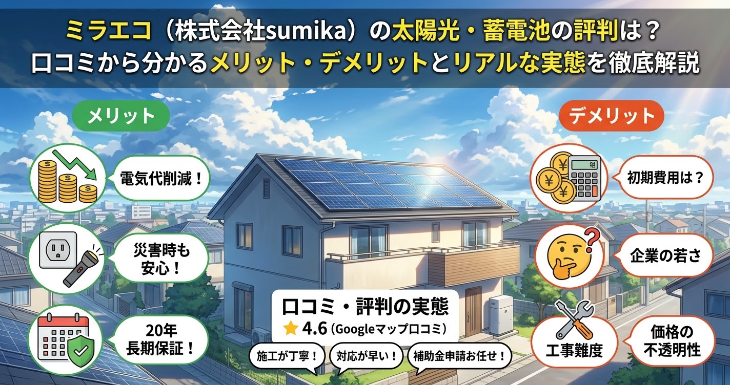 株式会社sumikaが運営する『ミラエコ』太陽光発電・蓄電池サービスの評判、メリット(電気代削減、災害時の安心、20年保証)、デメリット(初期費用、企業の若さ、価格の不透明性)、Googleマップの口コミ評価(★4.6)と具体的な評判(施工が丁寧、対応が早い、補助金申請お任せ)をまとめたインフォグラフィック画像。
