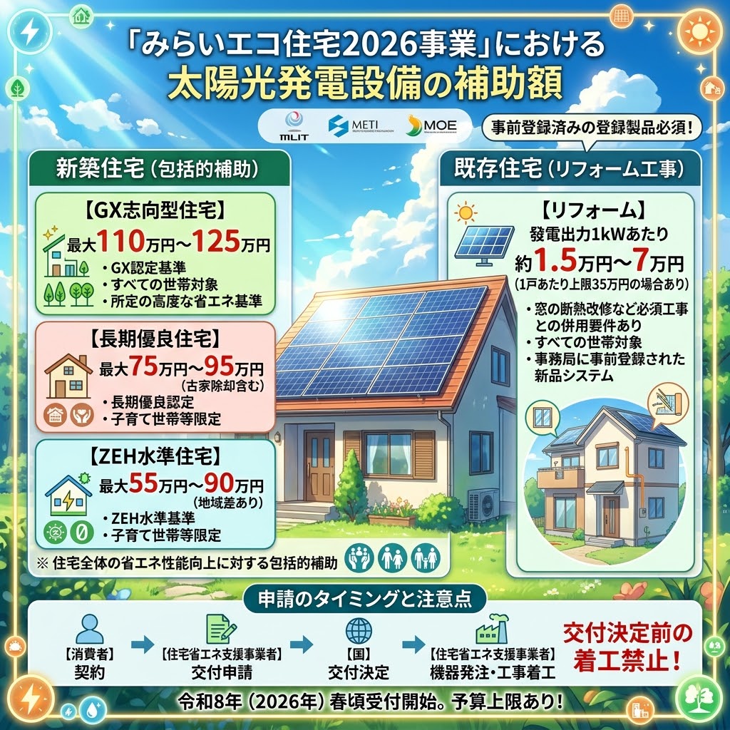 ハイクオリティな日本のアニメ映画風の正方形インフォグラフィック。「みらいエコ住宅2026事業」における太陽光発電設備の補助額を解説。新築住宅(包括的補助)では、GX志向型(最大110-125万円)、長期優良(最大75-95万円)、ZEH水準(最大55-90万円)の補助額と、対象世帯、省エネ基準などの要件を図解。既存住宅(リフォーム工事)では、発電出力1kWあたり約1.5-7万円(1戸上限35万円の場合あり)の補助額と、窓の断熱改修等の必須工事との併用要件、対象世帯、事前登録製品の必須条件を説明。下部には、契約から交付申請、交付決定、機器発注・工事着工までのフローチャートと、「交付決定前の着工禁止!」という重要警告、令和8年(2026年)春頃受付開始、予算上限ありのスケジュール情報を記載。背景には太陽光パネル付きの家と美しい空が描かれている。