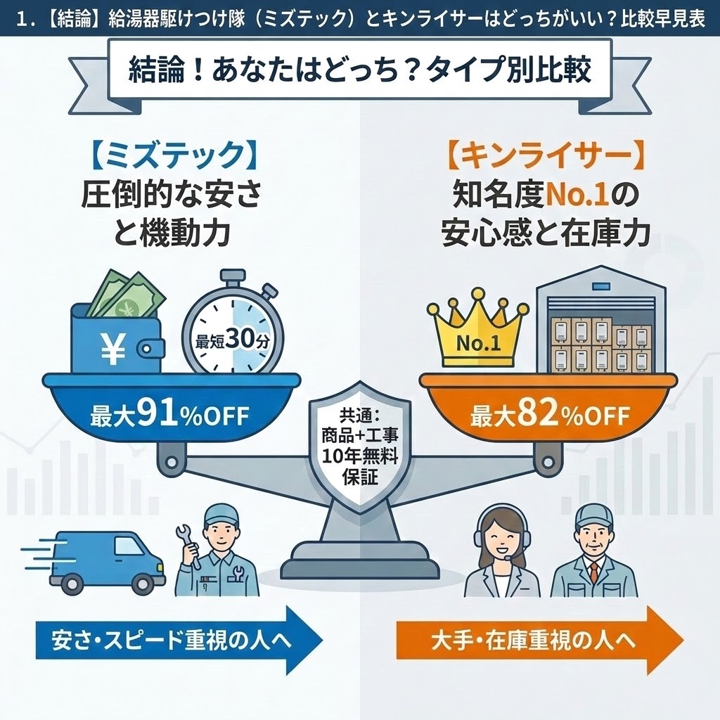 給湯器交換業者ミズテックとキンライサーの比較早見表。天秤の両側にそれぞれの特徴を配置。共通点は『商品+工事10年無料保証』。左側のブルーエリア（ミズテック）は『圧倒的な安さと機動力』で、最大91%OFF、最短30分対応、安さ・スピード重視の人向け。財布やストップウォッチ、トラック、整備士。右側のオレンジエリア（キンライサー）は『知名度No.1の安心感と在庫力』で、最大82%OFF、知名度No.1、豊富な在庫、大手・在庫重視の人向け。王冠、倉庫、オペレーター、スタッフ。それぞれのアイコンが描かれている。