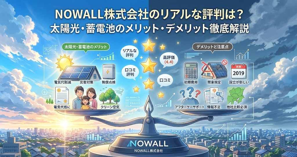 NOWALL株式会社のリアルな評判を徹底解説するアイキャッチ画像。太陽光発電と家庭用蓄電池のメリット（電気代削減、災害対策、無償点検、クリーン空気）とデメリット・注意点（初期費用、関東限定、設立が新しい2019、アフターケアサポート、情報不足、他社比較必須）を中央の天秤で比較。リアルな口コミ評判や高評価（4.4）、2000という数字もインフォグラフィック調で描かれている。アニメ映画風のスタイル。