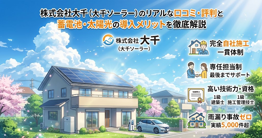 株式会社大千（大千ソーラー）の太陽光発電・蓄電池導入メリットを解説するアニメ風アイキャッチ画像。タイトルテキスト、会社ロゴ、そして4つの主要なメリット（自社施工、専任担当制、資格、実績）をアイコンとテキストで紹介。左下には太陽光パネル付きの家、蓄電池、EVが描かれている。日本語の口コミ・評判に関する記事向け。