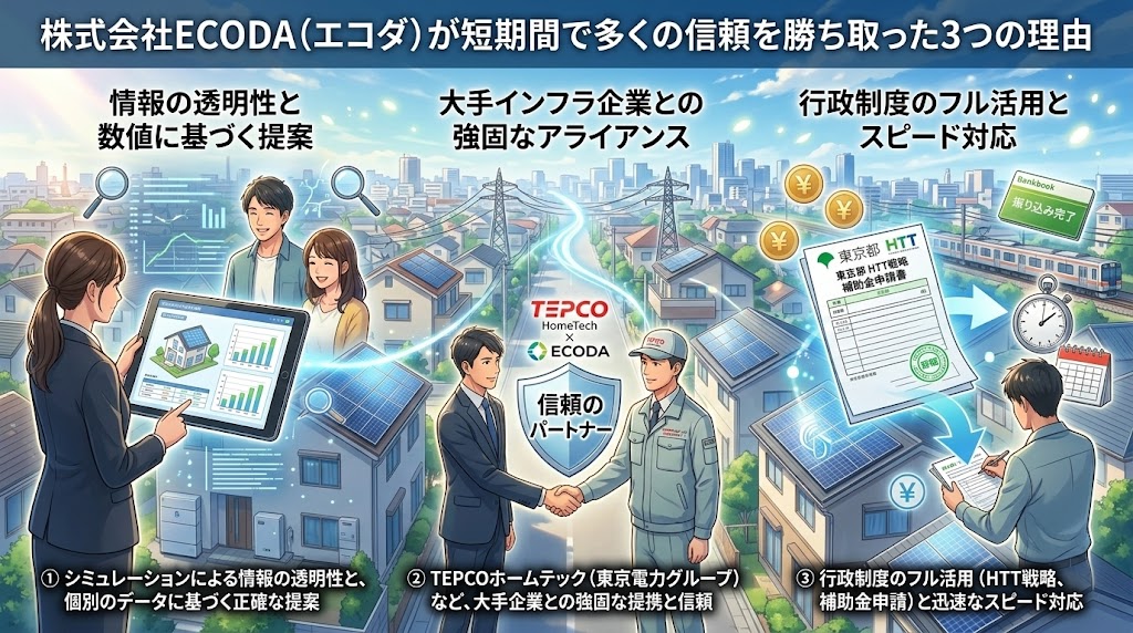 「株式会社ECODA（エコダ）が短期間で多くの信頼を勝ち取った3つの理由」を解説するインフォグラフィック。①シミュレーションによる情報の透明性、②TEPCOホームテック（東京電力グループ）など大手インフラ企業との強固な提携と信頼、③行政制度（東京都 HTT戦略、補助金申請）のフル活用とスピード対応の3要素をイラストとテキストで説明。