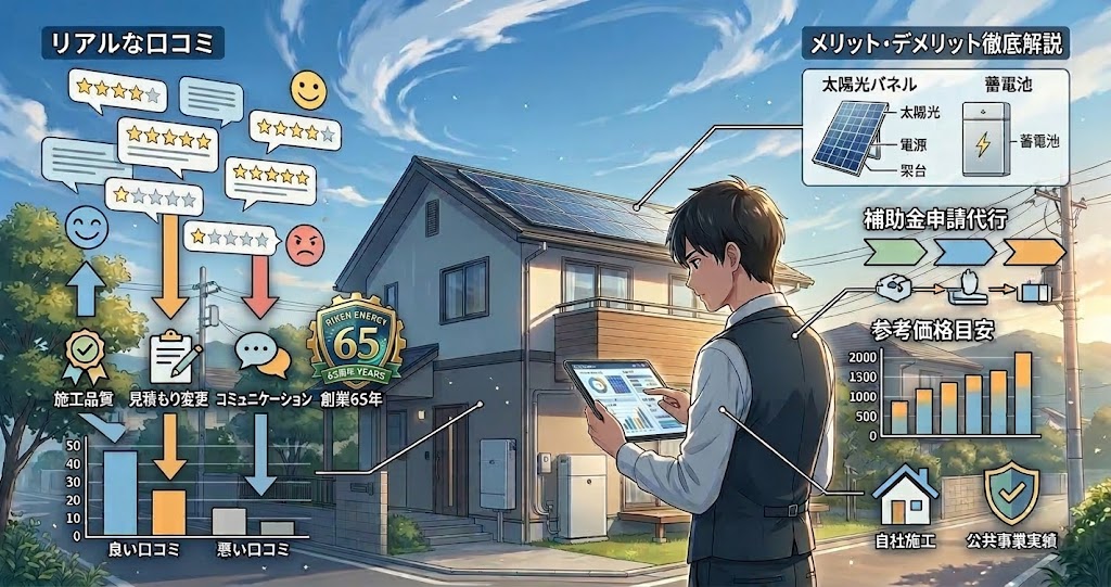 リケンエナジー有限会社の太陽光発電・家庭用蓄電池徹底解説記事のアイキャッチ画像。日本のアニメ風インフォグラフィック。タブレットを持つ男性が、設置住宅とリアルな口コミ、施工品質、補助金申請、価格目安などのデータを分析している。