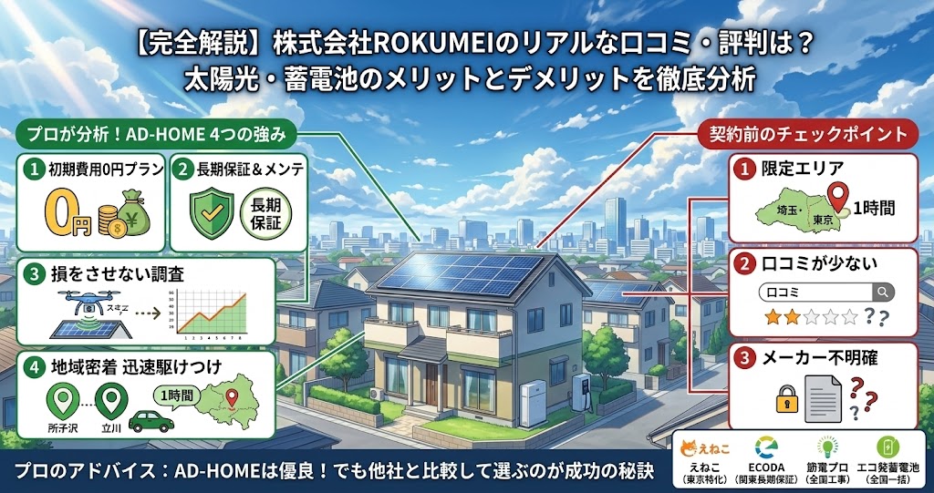 株式会社ROKUMEIの太陽光・蓄電池のリアルな口コミ・評判、メリット・デメリットをプロが徹底分析するアニメ風インフォグラフィック画像。左側のメリットパネルには『AD-HOME 4つの強み（0円プラン、長期保証、損をさせない調査、地域密着対応）』、右側のチェックポイントパネルには『限定エリア（埼玉・東京）、口コミが少ない、メーカー不明確』の詳細。ボトムバーには『プロのアドバイス：AD-HOMEは優良！でも他社と比較して選ぶのが成功の秘訣』というメッセージと、えねこ、ECODA、節電プロ、エコ発蓄電池のロゴが並ぶ。