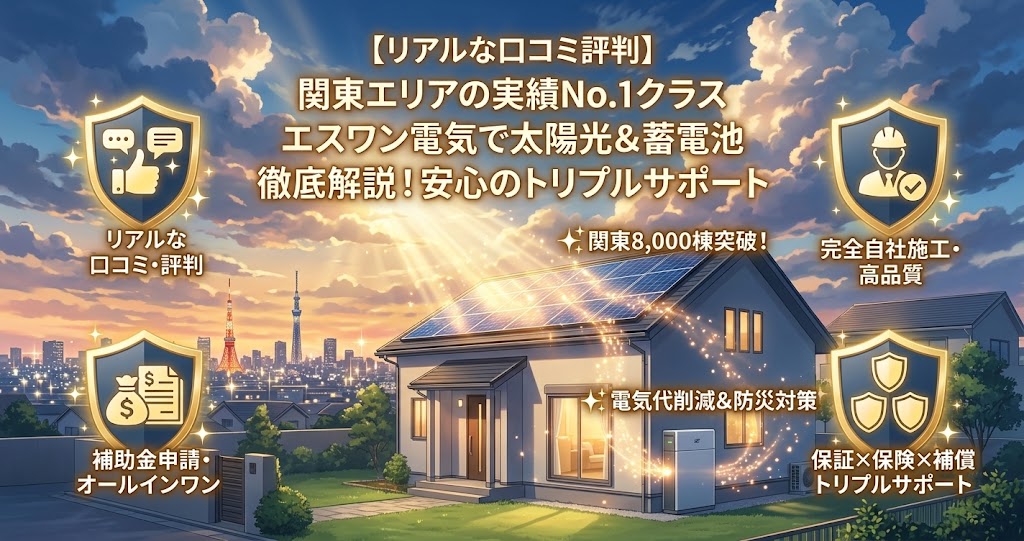 株式会社エスワン電気の太陽光発電と蓄電池導入に関するアイキャッチ画像。関東エリアで実績No.1クラス。太陽光パネルと蓄電池を設置した住宅のイラストと、リアルな口コミ・評判、完全自社施工・高品質、補助金申請・オールインワン、保証×保険×補償トリプルサポートの4つのメリットを示すシールドアイコン、東京の夜景（東京タワー、スカイツリー）が描かれている。