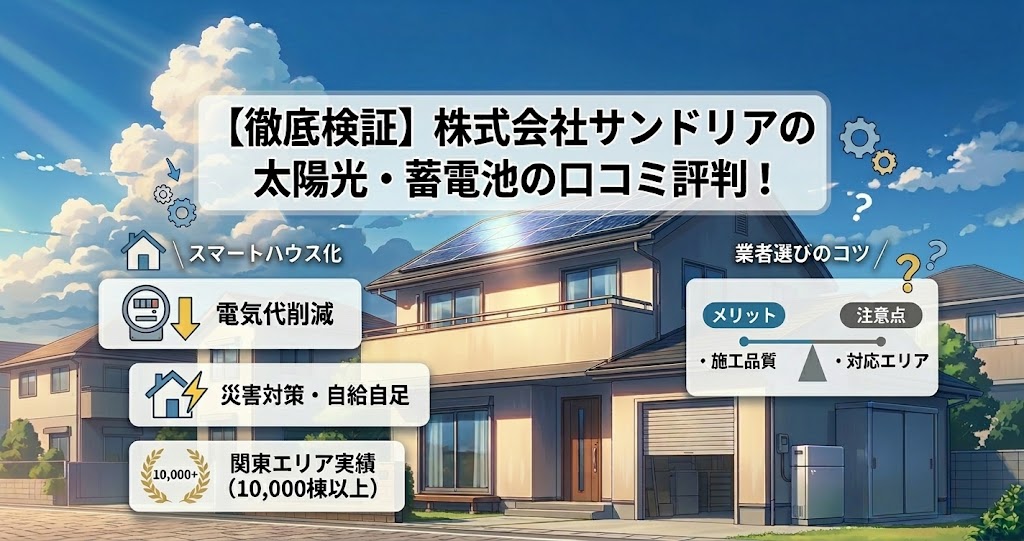 【インフォグラフィック】株式会社サンドリアの太陽光発電・蓄電池導入に関する徹底検証。アニメ風の太陽光パネル設置住宅を背景に、「電気代削減」「災害対策・自給自足」といったメリットや、施工品質と対応エリアのバランス、関東エリアでの10,000棟以上の実績を視覚的に説明しています。