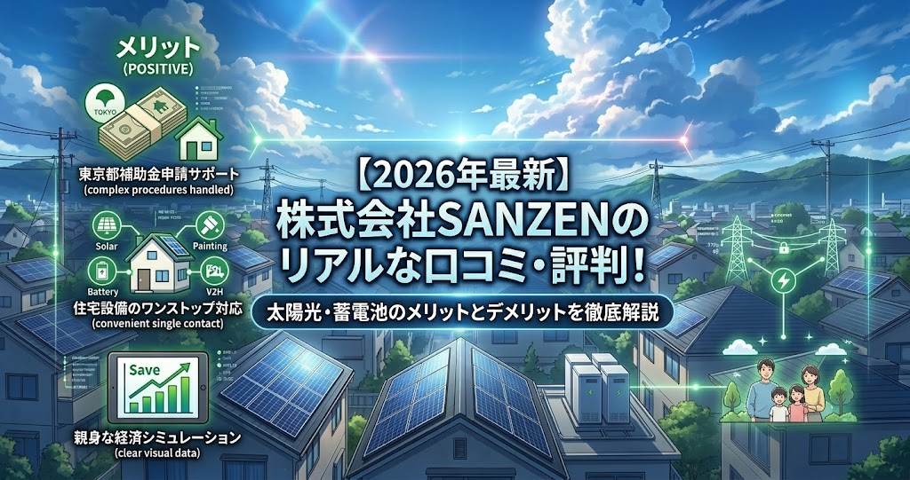 株式会社SANZENの太陽光・蓄電池のリアルな口コミ・評判とメリット・デメリットを徹底解説する【2026年最新】記事のインフォグラフィックアイキャッチ画像。東京都補助金サポートやワンストップ対応(太陽光・蓄電池・V2H・塗装)、経済シミュレーションのメリット、および価格やサポートの不安などのデメリットを整理している。幸せな家族とスマートグリッドの風景。