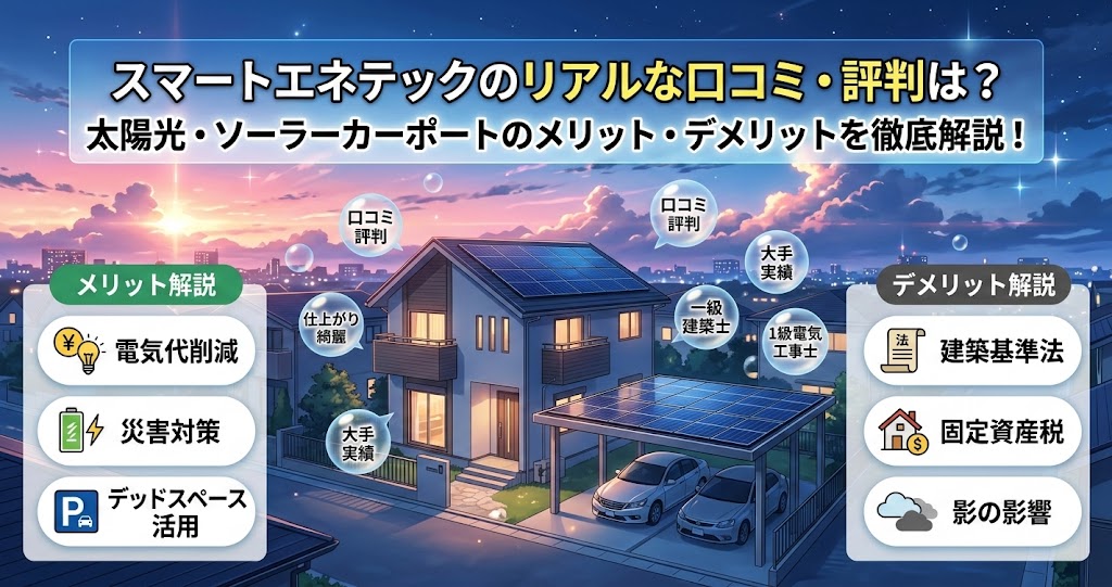 スマートエネテックの太陽光発電とソーラーカーポートのメリット・デメリットを解説するインフォグラフィック画像。電気代削減、災害対策、デッドスペース活用などのメリットと、建築基準法、固定資産税、影の影響などのデメリットをアイコンとテキストで視覚化。