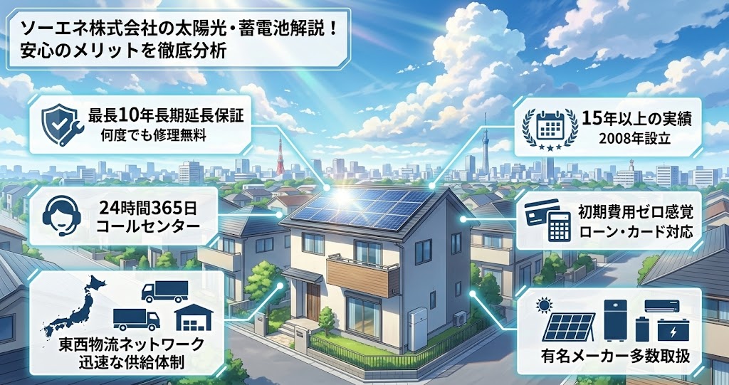 アニメ映画風の現代的な住宅地で、屋根に太陽光パネル、側面に蓄電池を設置した家を中心に、その詳細なメリットを解説するインフォグラフィック画像。フローティングパネルが浮かび、タイトル「ソーエネ株式会社の太陽光・蓄電池解説!安心のメリットを徹底分析」と、各サービスの特徴(10年保証、24時間365日コールセンター、東西物流ネットワーク、15年以上の実績、初期費用ゼロ感覚、多数メーカー取扱)が図解されている。背景には東京タワーや東京スカイツリーが描かれた青空が広がる。
