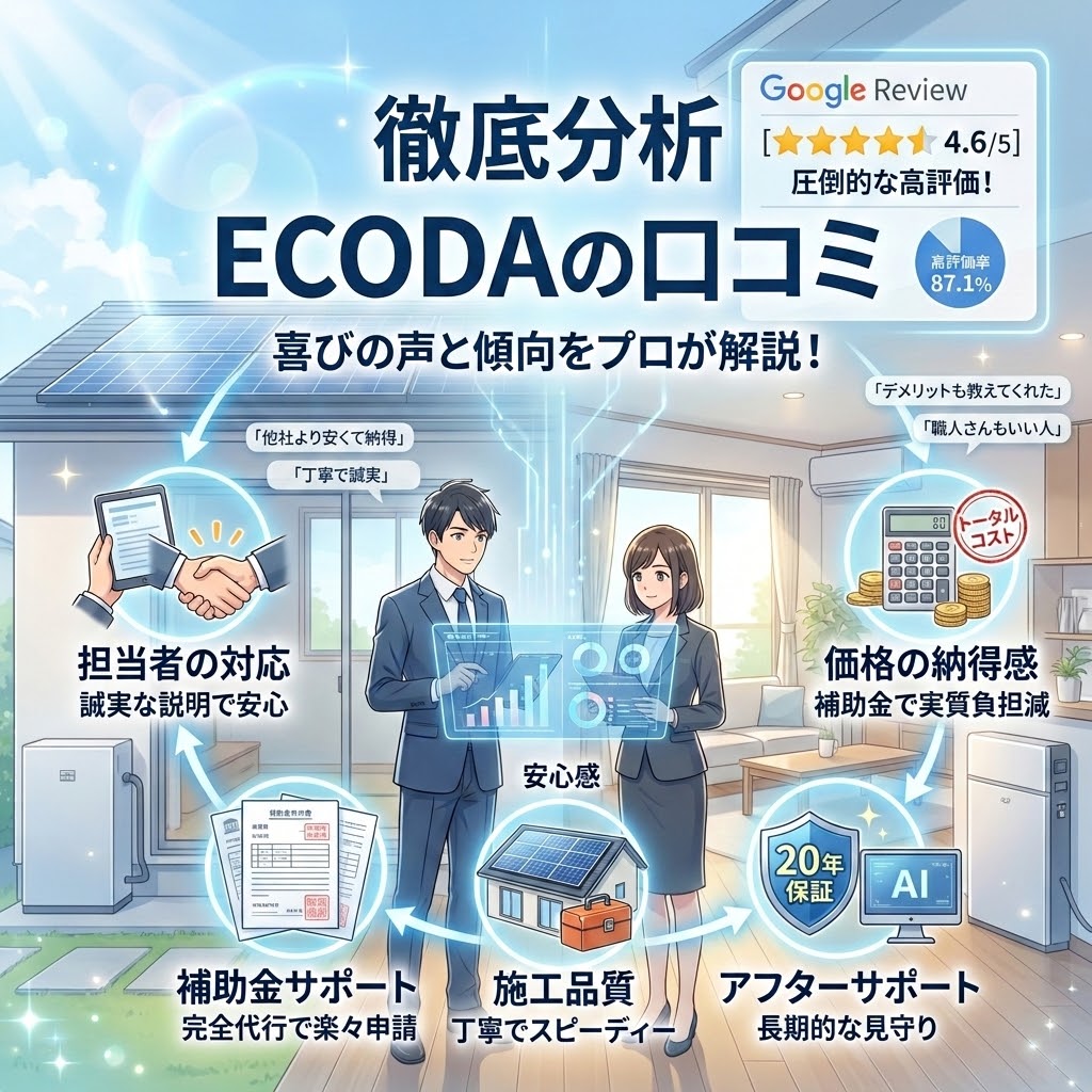 太陽光パネル・蓄電池サービス「ECODA」の評判を徹底分析したインフォグラフィック。「Google Review [4.6/5] 圧倒的な高評価！」のテキストと、担当者の対応（誠実な説明で安心）、価格の納得感（補助金で実質負担減）、補助金サポート（完全代行で楽々申請）、アフターサポート（長期的な見守り）の4つの側面を解説する。中心に未来的なホログラムを操作するビジネスパーソンとスマートホームのイラスト。顧客の喜びの声（「他社より安くて納得」「丁寧で誠実」など）も吹き出しで掲載。