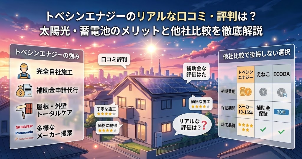 新海誠風のアニメーション映画スタイルで描かれた、日没時の郊外の町並みと太陽光パネルのある家、蓄電池。メインタイトルは『トベシンエナジーのリアルな口コミ・評判は？太陽光・蓄電池のメリットと他社比較を徹底解説』。インフォグラフィックには、トベシンエナジーの強み（完全自社施工、補助金申請代行、屋根・外壁トータルケア、多様なメーカー提案：SHARP, Panasonic, CanadianSolar）と他社比較（初期費用、保証期間：メーカー10-15年、補助金保証、20年、施工品質）が示されている。周辺には『口コミ評判』『丁寧な施工』『リアルな評価は？』などの吹き出しがある。