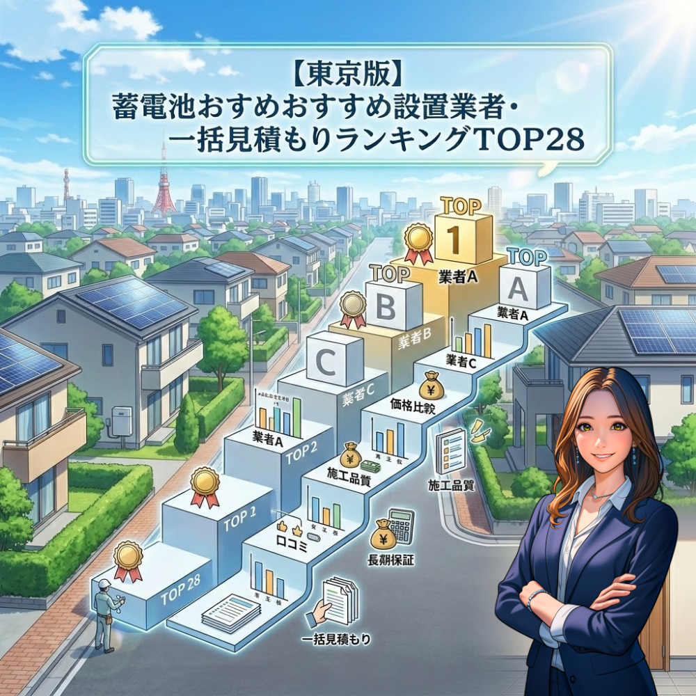 「【東京版】蓄電池おすすめ設置業者・一括見積もりランキングTOP28」の日本語テキストが入ったアニメ調インフォグラフィック。東京の街並み(東京タワー、スカイツリー、太陽光パネル・蓄電池付き住宅)を背景に、ランキング表彰台(TOP1, TOP2, 28位)と、価格比較、施工品質、長期保証、口コミ、一括見積もりの比較項目アイコンが描かれている。具体的な業者名は伏せられている。