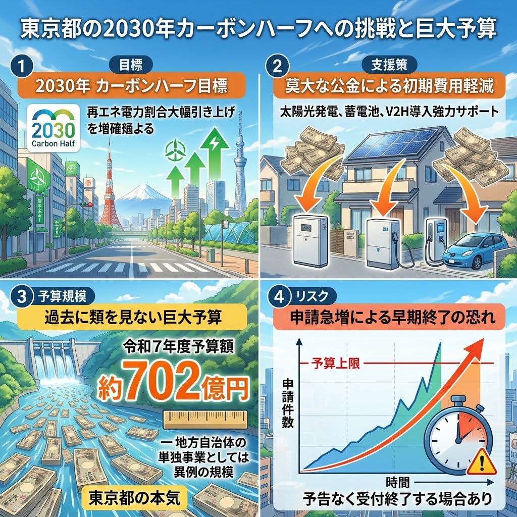 東京都の2030年カーボンハーフ目標と702億円の補助金、早期終了のリスクを解説するアニメ風インフォグラフィック。4つのパネルで構成され、1:目標（再エネ拡大、東京の街並み）、2:支援策（太陽光、蓄電池、V2Hへの初期費用軽減）、3:予算規模（令和7年度約702億円の前例のない巨大予算、ダム）、4:リスク（申請急増による早期終了、グラフ）を示している。