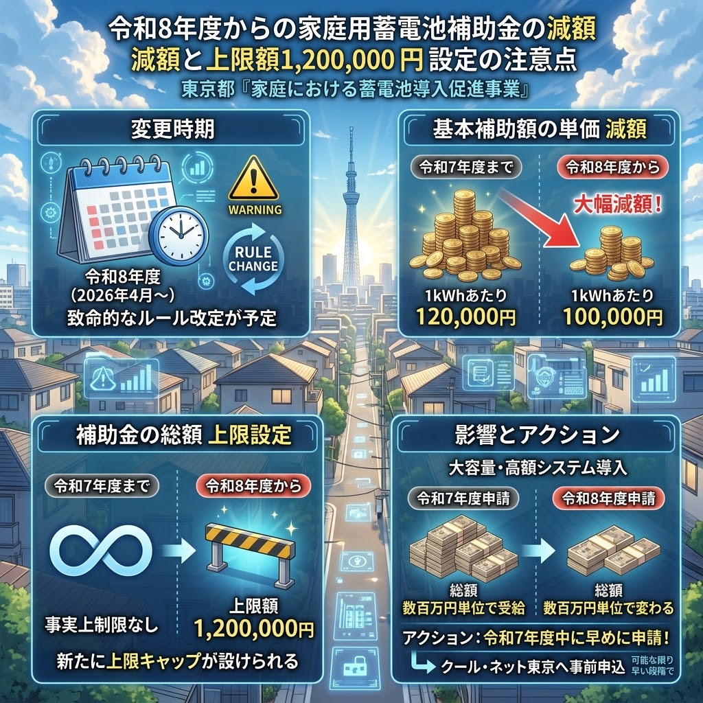 東京都「家庭における蓄電池導入促進事業」の令和8年度以降のルール改定を解説するアニメ風インフォグラフィック。タイトルは「令和8年度からの家庭用蓄電池補助金の減額と上限額1,200,000円設定の注意点」。4つのセクションで構成。左上「変更時期」では2026年4月以降、令和8年度から致命的なルール改定が予定。右上「基本補助額の単価 減額」では、1kWhあたり「令和7年度まで 120,000円」から「令和8年度から 100,000円」へ大幅減額。左下「補助金の総額 上限設定」では、これまで「事実上制限なし」だった総額に新たに「上限額 1,200,000円」が設けられる。右下「影響とアクション」では、大容量・高額システム導入時、令和7年度と令和8年度の申請で総額が数百万円単位で変わることを示し、「令和7年度中に早めに申請！」「クール・ネット東京へ事前申込」を推奨。背景に東京スカイツリーと街並み。
