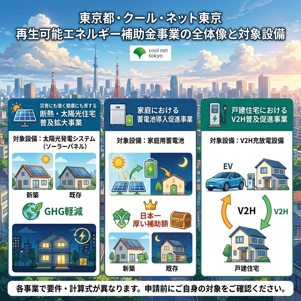 東京都クール・ネット東京が管轄する再生可能エネルギー関連補助金事業の全体像と対象設備の違いを解説するアニメ風インフォグラフィック。3つのカラム構成で、左から「災害にも強く健康にも資する断熱・太陽光住宅普及拡大事業（太陽光発電・断熱）」、中央「家庭における蓄電池導入促進事業（家庭用蓄電池、高額補助）」、右「戸建住宅におけるV2H普及促進事業（V2H充放電設備・EV）」を、それぞれ家や設備のイラスト、矢印、アイコンを使って視覚的に解説しており、全体の比較がしやすい。