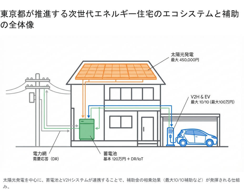 2026年令和8年度の東京都太陽光・蓄電池・V2H補助金の全体像と住宅エコシステムを図解したインフォグラフィックス