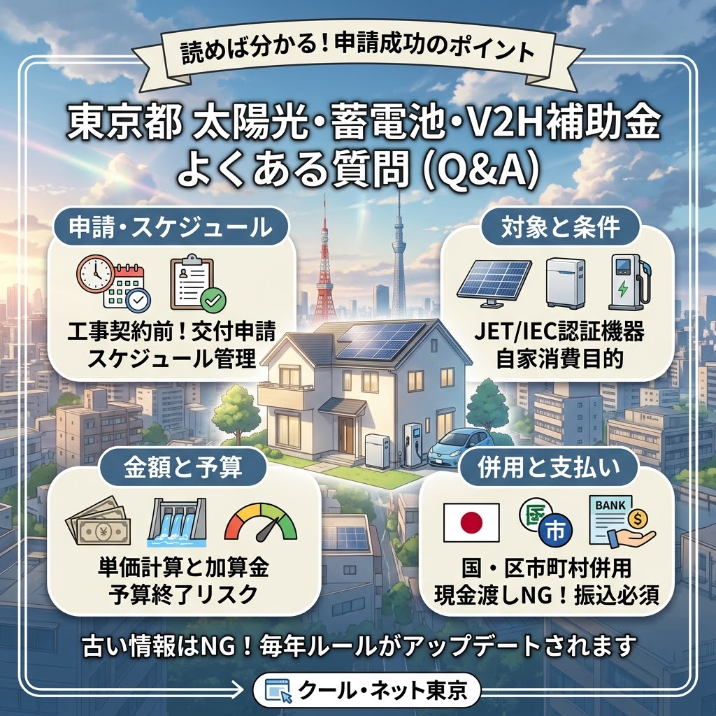 東京都の太陽光発電、家庭用蓄電池、V2H充放電設備に関する補助金制度の「よくある質問（Q&A）」をまとめたアニメ映画風インフォグラフィック。タイトルは「東京都 太陽光・蓄電池・V2H補助金 よくある質問 (Q&A)」。中央にソーラーパネル、蓄電池、V2H、EVが設置された住宅。4つのQAカテゴリーパネルが囲んでいる：1. 「申請・スケジュール」：工事契約前の申請、スケジュール管理（時計、カレンダー、チェックマーク）。2. 「対象と条件」：JET/IEC認証機器、自家消費目的。3. 「金額と予算」：単価計算と加算金、予算終了リスク。4. 「併用と支払い」：国・区市町村併用、現金渡しNG！振込必須（国旗、自治体ロゴ、振込明細）。毎年ルールがアップデートされるため、古い情報はNGとし、クール・ネット東京の最新情報を参照するよう促している。背景は東京タワーとスカイツリーが見える東京の街並み。