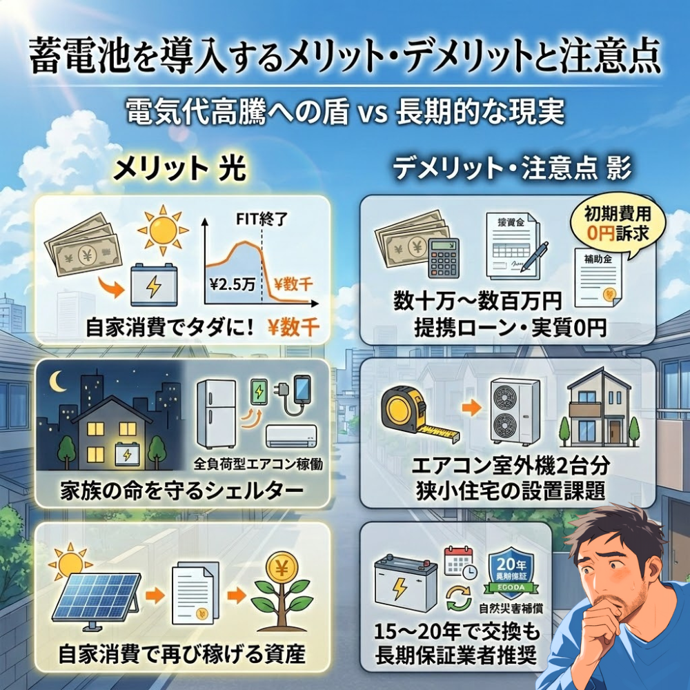 「蓄電池を導入するメリット・デメリットと注意点」を解説するコンパス(羅針盤)型のインフォグラフィック。メリット(電気代削減、災害・停電対策、卒FIT活用)とデメリット(初期費用、スペース、経年劣化)が東京の街並みを背景に視覚化されている。全負荷型AC稼働、AI搭載、長期保証(ECODA 20年)などの詳細情報も含む。人物(佐藤、森川あかり)が説明。