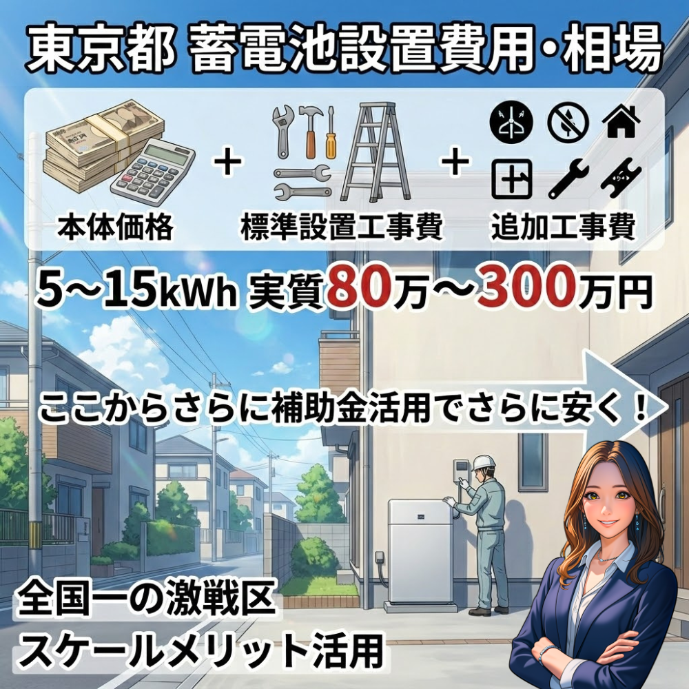 「東京都 蓄電池設置費用・相場」を説明するアニメ調インフォグラフィック。上部に本体価格・工事費の内訳イラスト、中央に「5〜15kWh 実質80万〜300万円」の相場、下部に「ここからさらに補助金活用でさらに安く!」の矢印と作業員。東京が激戦区でスケールメリットがあることを強調。
```http://googleusercontent.com/image_generation_content/15
