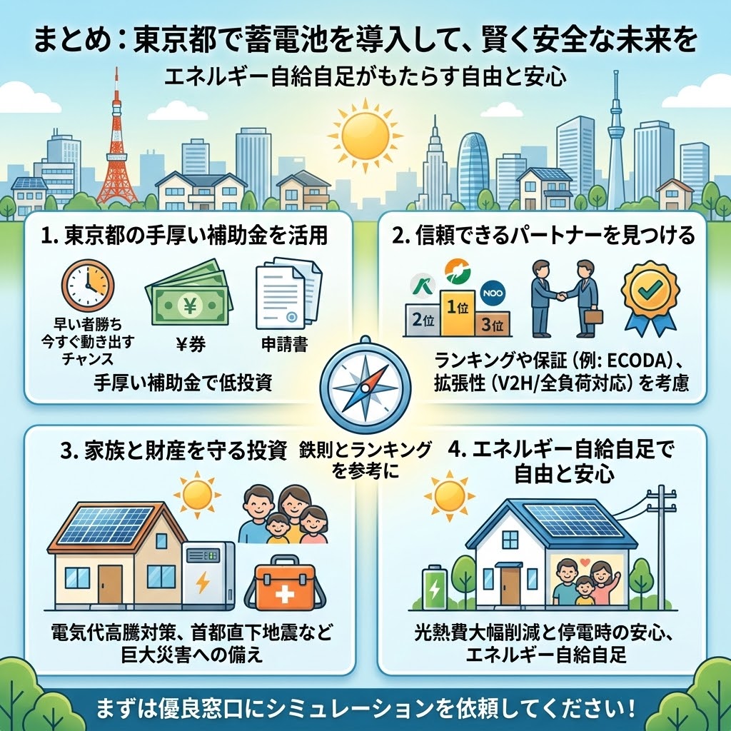 「東京都で蓄電池を導入して賢く安全な未来を」というタイトルのインフォグラフィック。補助金の活用、信頼できるパートナー(ランキングや保証、V2H対応)の選定、災害対策としての投資、エネルギー自給自足のメリットを説明しています。下部にはシミュレーション依頼の案内があります。