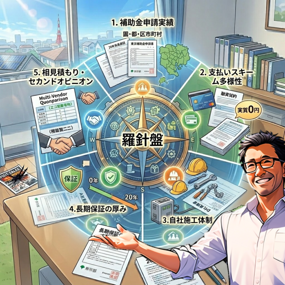 東京都で蓄電池業者を選ぶ際のポイントを解説するコンパス(羅針盤)型のインフォグラフィックイラスト。補助金申請実績、支払いスキームの多様性(実質0円など)、自社施工体制、長期保証(20年)、相見積もり・セカンドオピニオンの5つの鉄則が窓越しの東京の街並みを背景に描かれている。