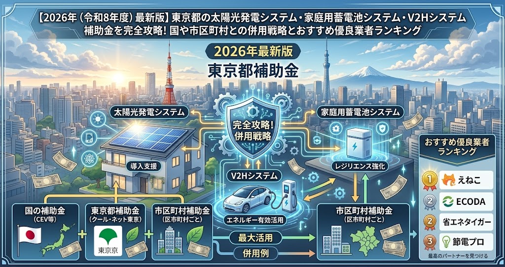 【2026年最新版】東京都の太陽光発電システム・家庭用蓄電池システム・V2Hシステム補助金を攻略するためのインフォグラフィック（アイキャッチ画像）。中央に3つのシステム（太陽光、蓄電池、V2H）とそれぞれの利点（導入支援、レジリエンス強化、エネルギー有効活用）が示されている。また、国、東京都（クール・ネット東京）、市区町村の補助金を組み合わせる「併用戦略」や、おすすめ優良業者ランキング（えねこ、ECODA、省エネタイガー、節電プロ）が視覚的にまとめられている。Makoto Shinkai風のアニメスタイル。