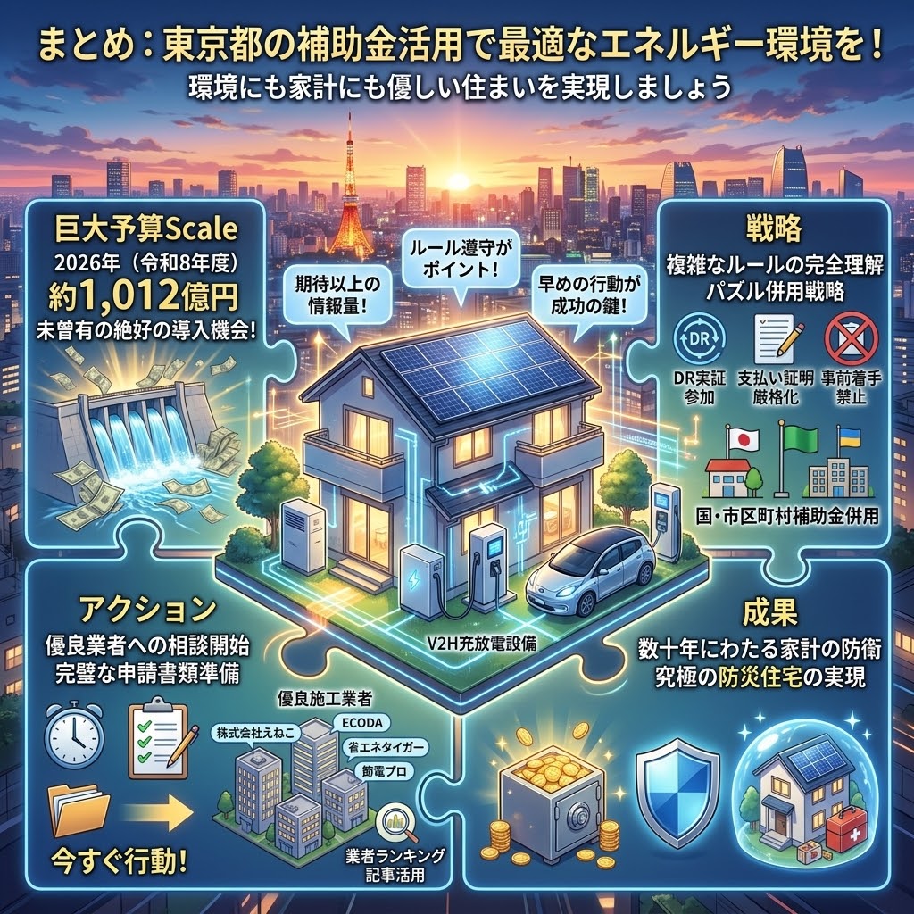 東京都の補助金（太陽光発電、蓄電池、V2H）活用と、それによる最適なエネルギー環境構築を解説するアニメ映画風インフォグラフィック。上部タイトル：「まとめ：東京都の補助金活用で最適なエネルギー環境を！」。中央にはソーラーパネル、家庭用蓄電池、V2H充放電設備、EVを備えた現代的な住宅。左上「巨大予算Scale」：令和8年度予算 約1,012億円、大量の円。右上「戦略」：複雑なルール完全理解（DR実証、支払い証明厳格化、事前着手禁止）、パズル併用戦略。左下「アクション」：優良業者への相談開始、完璧な申請書類準備、業者ランキング記事活用（時計、チェックリスト、フォルダー）。右下「成果」：数十年にわたる家計の防衛、究極の防災住宅の実現（金庫、盾、フォースフィールド）。下部には優良施工業者「株式会社えねこ」「ECODA」「省エネタイガー」「節電プロ」が示されている。