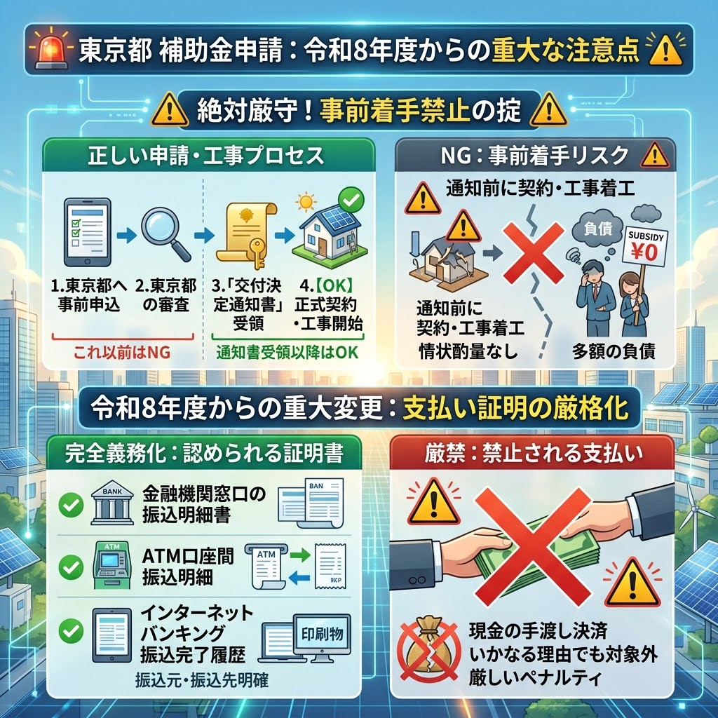 東京都の補助金申請（太陽光発電・蓄電池関連）における注意点と厳格化を解説するアニメ風インフォグラフィック。タイトルは「東京都 補助金申請：令和8年度からの重大な注意点」。上部では、「絶対厳守！事前着手禁止の掟」として、正しい申請・工事プロセス（1.東京都へ事前申込→2.東京都の審査→3.交付決定通知書受領→4.【OK】正式契約・工事開始）と、NGな事前着手リスク（通知前に契約・工事着工）とそのペナルティ（情状酌量なし、補助金0円、多額の負債）を比較。下部では、「令和8年度からの重大変更：支払い証明の厳格化」として、完全に義務化された認められる証明書（金融機関窓口の振込明細書、ATM口座間振込明細、インターネットバンキング振込完了履歴）と、厳禁とされる「現金の手渡し決済」とそのペナルティ（いかなる理由でも対象外、厳しいペナルティ）を比較している。