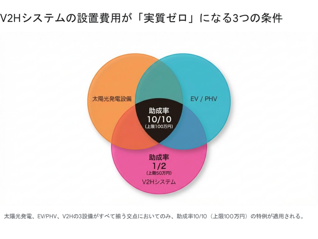 太陽光発電、EV・PHV、V2Hの3つが揃うことで上限100万円（10分の10）の補助金が適用される条件を示すベン図

