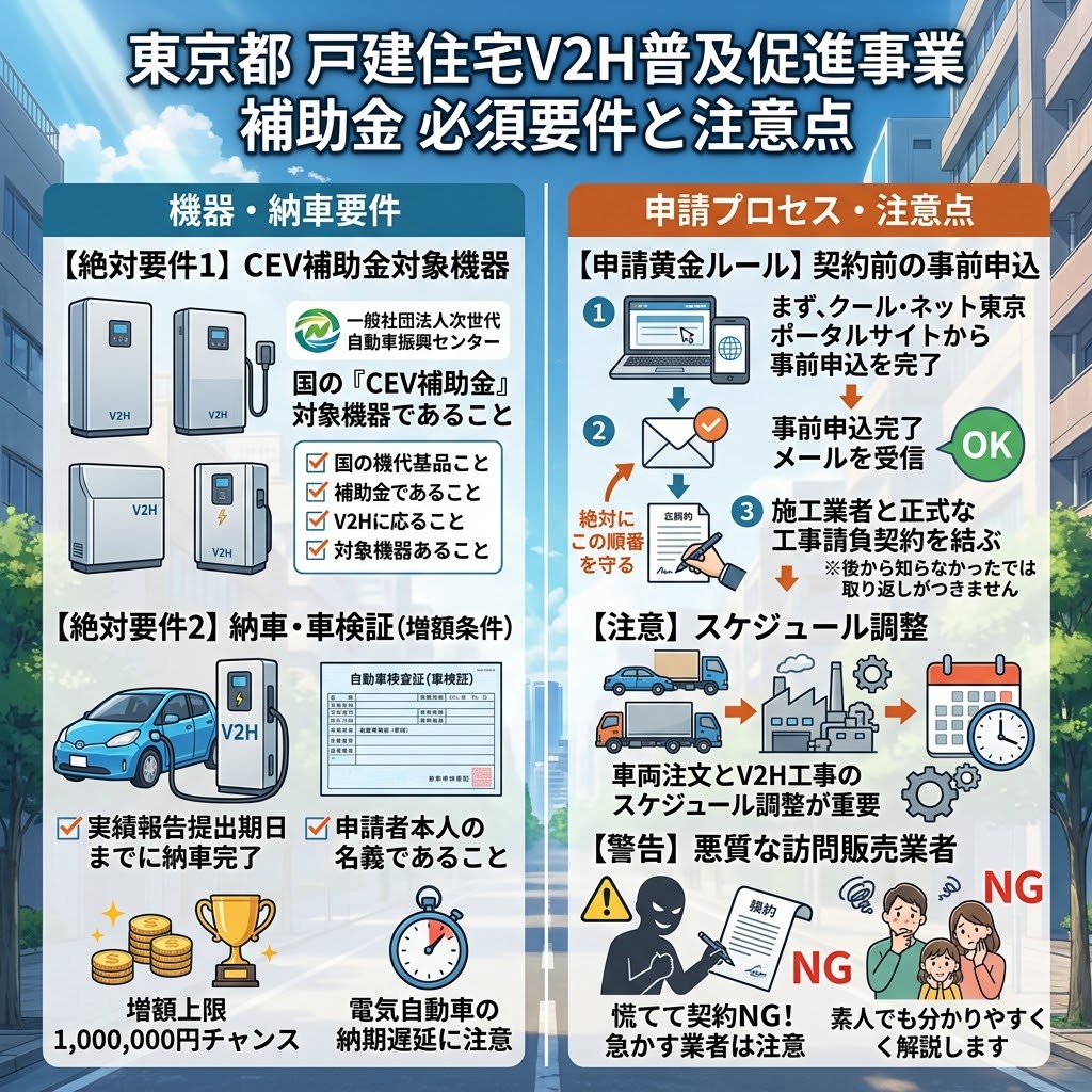 東京都の戸建住宅V2H普及促進事業補助金（クール・ネット東京）の必須要件と注意点を解説するアニメ映画風インフォグラフィック。タイトルは「東京都 戸建住宅V2H普及促進事業 補助金 必須要件と注意点」。左側「機器・納車要件」では、国の「CEV補助金」対象機器であること（一般社団法人次世代自動車振興センターのロゴ）と、実績報告期日までに申請者本人名義の「自動車検査証（車検証）」写しを提出できることが必須要件として示され、増額上限100万円チャンスと納期遅延への注意が呼びかけられている。右側「申請プロセス・注意点」では、「申請黄金ルール」として施工業者との正式契約前にポータルサイトからの事前申込を完了させ、完了メールを受信するフローチャート、車両注文と工事のスケジュール調整の重要性、そして慌てて契約NGな悪質な訪問販売業者への警告が、イラストとテキストで分かりやすく示されている。
