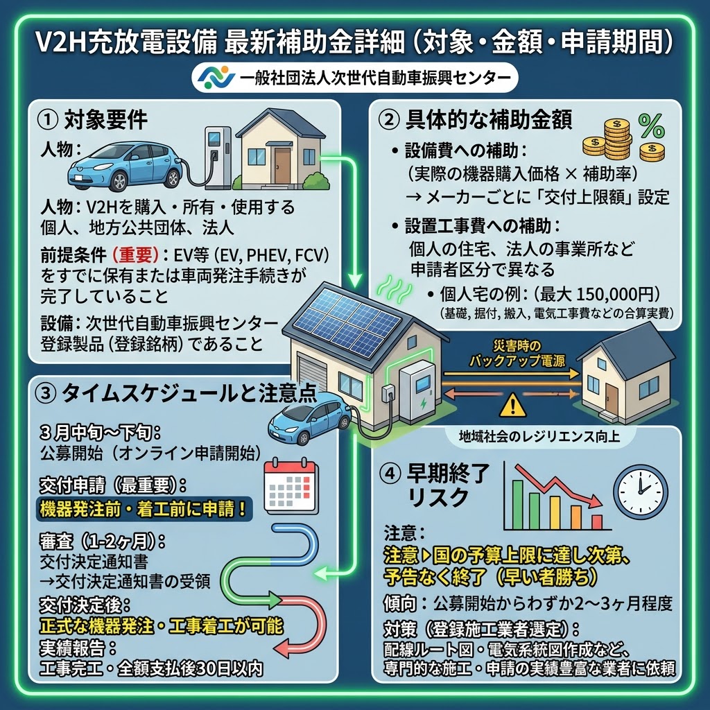 令和8年度(2026年)日本の国の補助金制度「V2H充放電設備の最新補助金詳細(CEV補助金)」を示す正方形インフォグラフィック。一般社団法人次世代自動車振興センターが執行。画面上部にはタイトル。中央には太陽光パネル付きの家と、EV車(電気自動車)がV2H充放電設備で接続され、家庭内電源と連携して外部給電(バックアップ電源)する様子を図解。レジリエンス(回復力・地域防災力)の向上と災害対策のメリットを強調。左上:「1. 対象要件」人物(V2Hを購入し、自ら所有または使用権を有する個人、地方公共団体、法人、リース会社)と前提条件(EV、PHEV、FCVをすでに保有または車両発注手続きが完了している証明必須)、対象設備(センター事前登録製品、新品)。右上:「2. 具体的な補助金額」計算式(設備費への補助と設置工事費への補助の合算)。設備費は銘柄ごとに交付上限額設定。設置工事費は申請者区分で異なり、個人宅の例で最大150,000円の実費補助。左下:「3. タイムスケジュールと注意点」3月中旬〜下旬の公募開始から実績報告までのフロー(交付申請は**機器発注前・着工前**にオンライン申請、交付決定通知書の受領後に発注・着工、完工・全額支払後30日以内に実績報告)。右下:「4. 早期終了リスク」予算上限による注意(早い者勝ち、 tendency公募開始から2-3ヶ月程度)と対策(配線ルート図や電気系統図作成の専門性が高い登録施工業者へ依頼)。全体は鮮やかな色彩と光に満ちたモダンなアニメスタイルで統一されている。