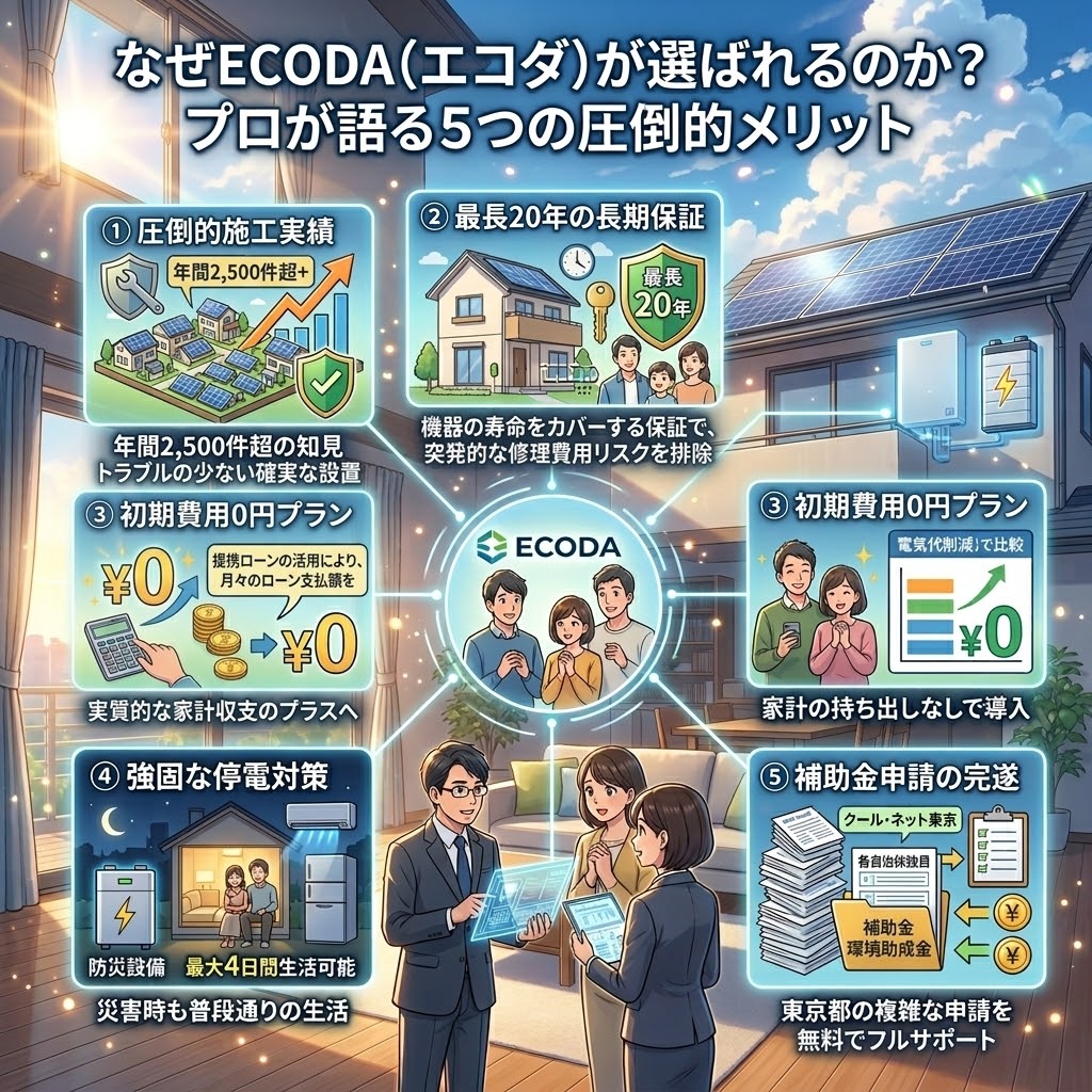 「なぜECODA (エコダ) が選ばれるのか？プロが語る5つの圧倒的メリット」を解説するインフォグラフィック。中央に「ECODA」のロゴ、家族、専門スタッフの男女が描かれ、周囲のパネルでは「①圧倒的施工実績（年間2,500件超）」、「②最長20年の長期保証」、「③初期費用0円プラン（電気代削減でローンをまかなう）」、「④強固な停電対策（最大4日間生活可能）」、「⑤補助金申請の完全無料サポート」、という5つのメリットを紹介しています。背景には太陽光パネルが設置された家並みと都市景観が広がっています。