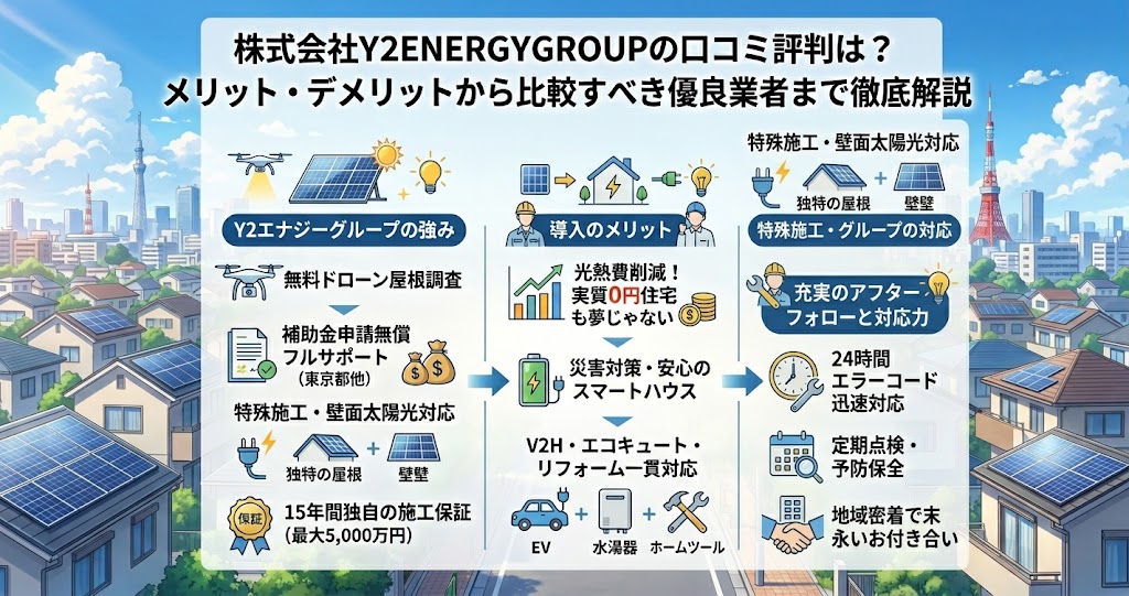株式会社Y2ENERGYGROUPの太陽光発電と蓄電池の口コミ・評判、メリット・デメリット、業者比較に関する徹底解説インフォグラフィック。東京の風景を背景に、無料ドローン屋根調査、補助金申請フルサポート（東京都他）、特殊施工・壁面太陽光対応、15年間独自の施工保証、光熱費削減、実質0円住宅、災害対策・安心のスマートハウス、V2H・エコキュート・リフォーム一貫対応、充実のアフターフォロー、24時間エラーコード迅速対応、定期点検、地域密着などをイラストとテキストで紹介しています。