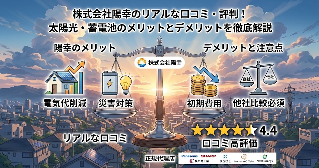 株式会社陽幸の太陽光発電・蓄電池導入に関するリアルな口コミ、評判、メリット、デメリットを比較解説するインフォグラフィック。アニメ風の夕焼けの街並みを背景に、天秤を用いて、左側に「電気代削減」「災害対策」のメリット、右側に「初期費用」「他社比較必須」のデメリットと注意点が描かれている。中央には陽幸のロゴ、下部には星4.4の高評価、そしてパナソニック、シャープ、長州産業などの正規代理店ロゴが掲載されている。