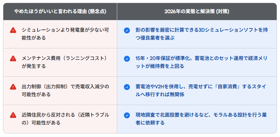 左側の列:やめたほうがいいと言われる理由(懸念点)
シミュレーションより発電量が少ない可能性がある
メンテナンス費用(ランニングコスト)が発生する
出力制御(出力抑制)で売電収入減少の可能性がある
近隣住民から反対される(近隣トラブルの)可能性がある
右側の列:2026年の実態と解決策(対策)
影の影響を厳密に計算できる3Dシミュレーションソフトを持つ優良業者を選ぶ
15年・20年保証が標準化。蓄電池とのセット運用で経済メリットが維持費を上回る
蓄電池やV2Hを併用し、売電せずに『自家消費』するスタイルへ移行すれば無関係
現地調査で北面設置を避けるなど、モラルある設計を行う業者に依頼する